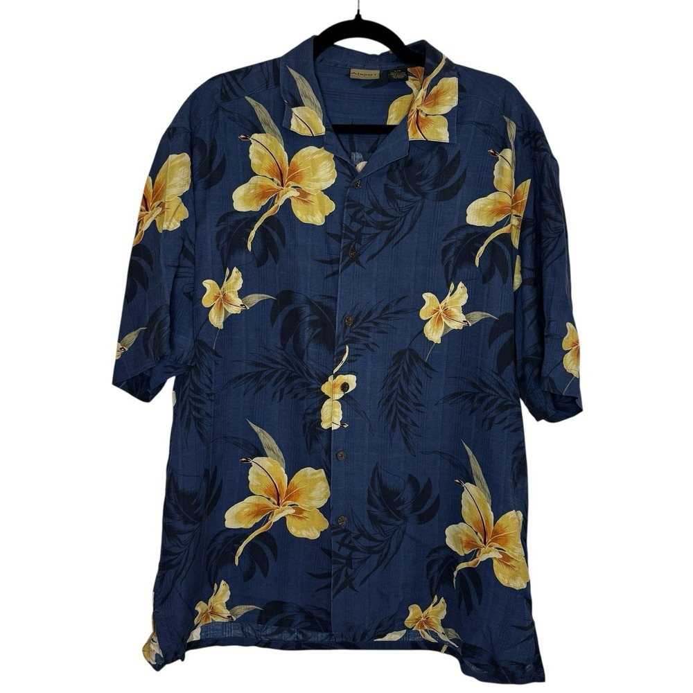 Axist 100% Silk Men's Hawaiian Shirt Blue Yellow Short Sleeve Large